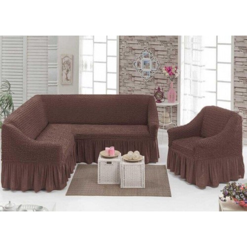 Чехол на угловой диван и кресло с юбкой - коричневый
