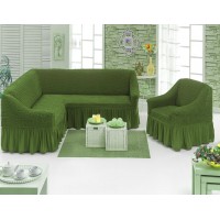 Чехол на угловой диван и кресло с юбкой - зеленый
