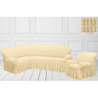 Чехол на угловой диван и кресло с юбкой - кремовый
