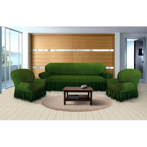 Чехол на диван и кресла жаккардовый с юбкой вензель зеленый