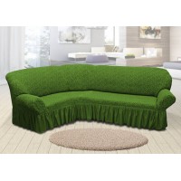 Чехол на угловой диван жаккардовый с юбкой вензель зеленый