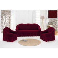 Жаккардовый чехол на диван и кресла с юбкой - бордовый