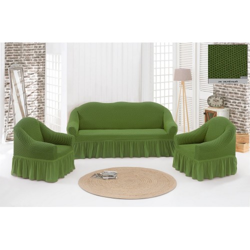 Жаккардовый чехол на диван и кресла с юбкой - зеленый